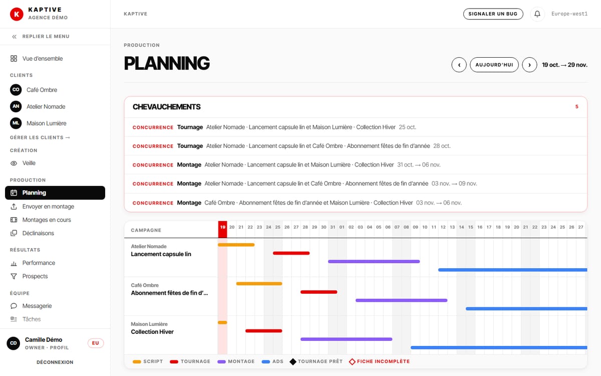 Kaptive : planning de production multi-clients avec détection des chevauchements de tournages et de montages